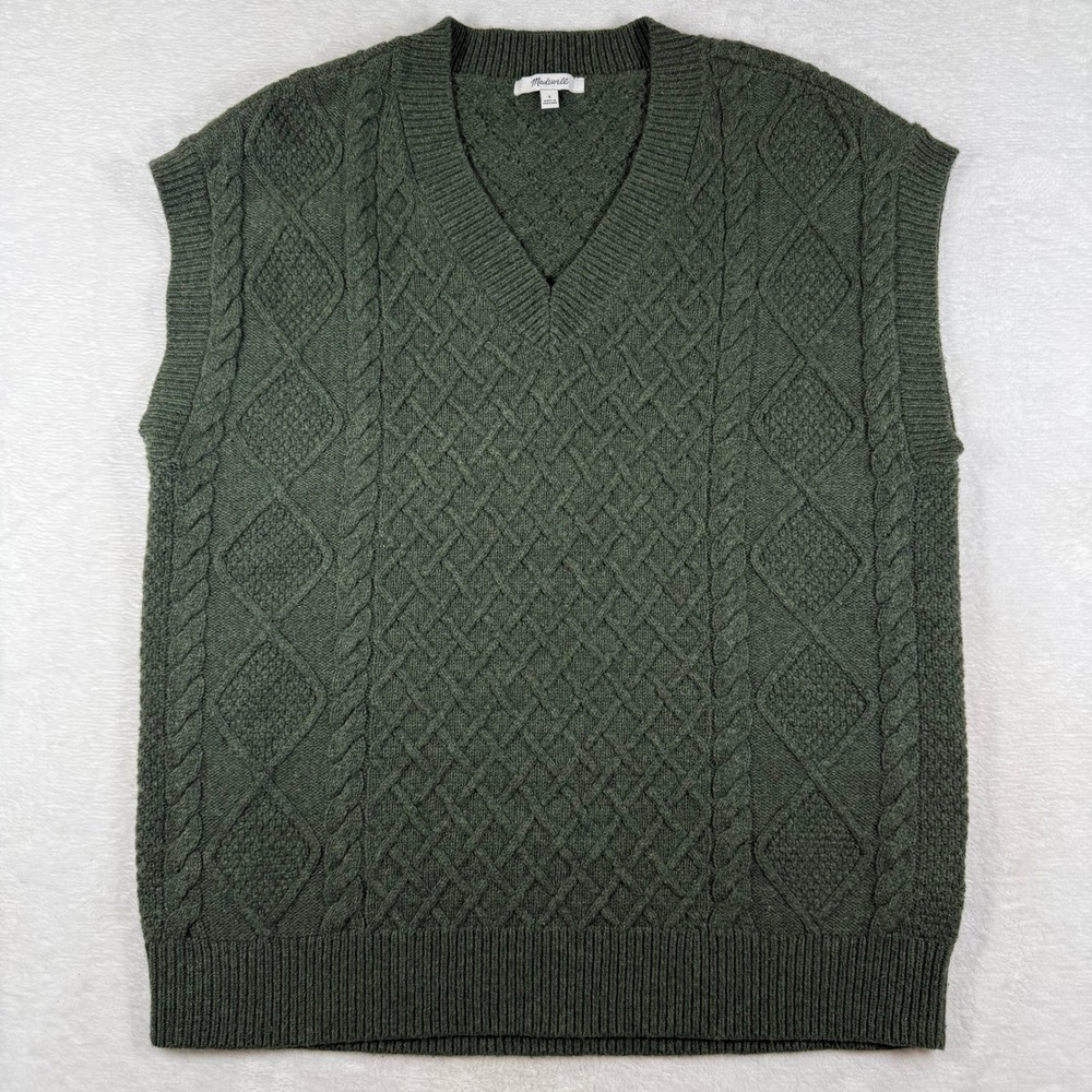Madewell NM618 Dark Green Wool Blend Cable Knit V-Neck Sweater Vest Mens Small